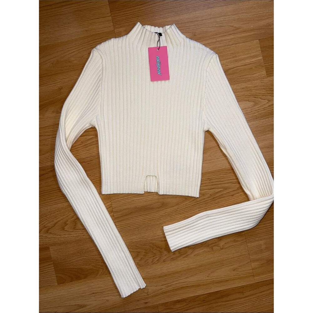 NWT Edikted Cream Ribbed Mock Neck Crop Sweater size M/L